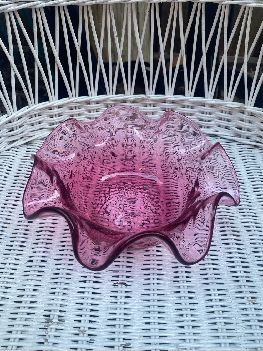 MCM Vintage  cranberry or amethyst art glass ruffled bowl